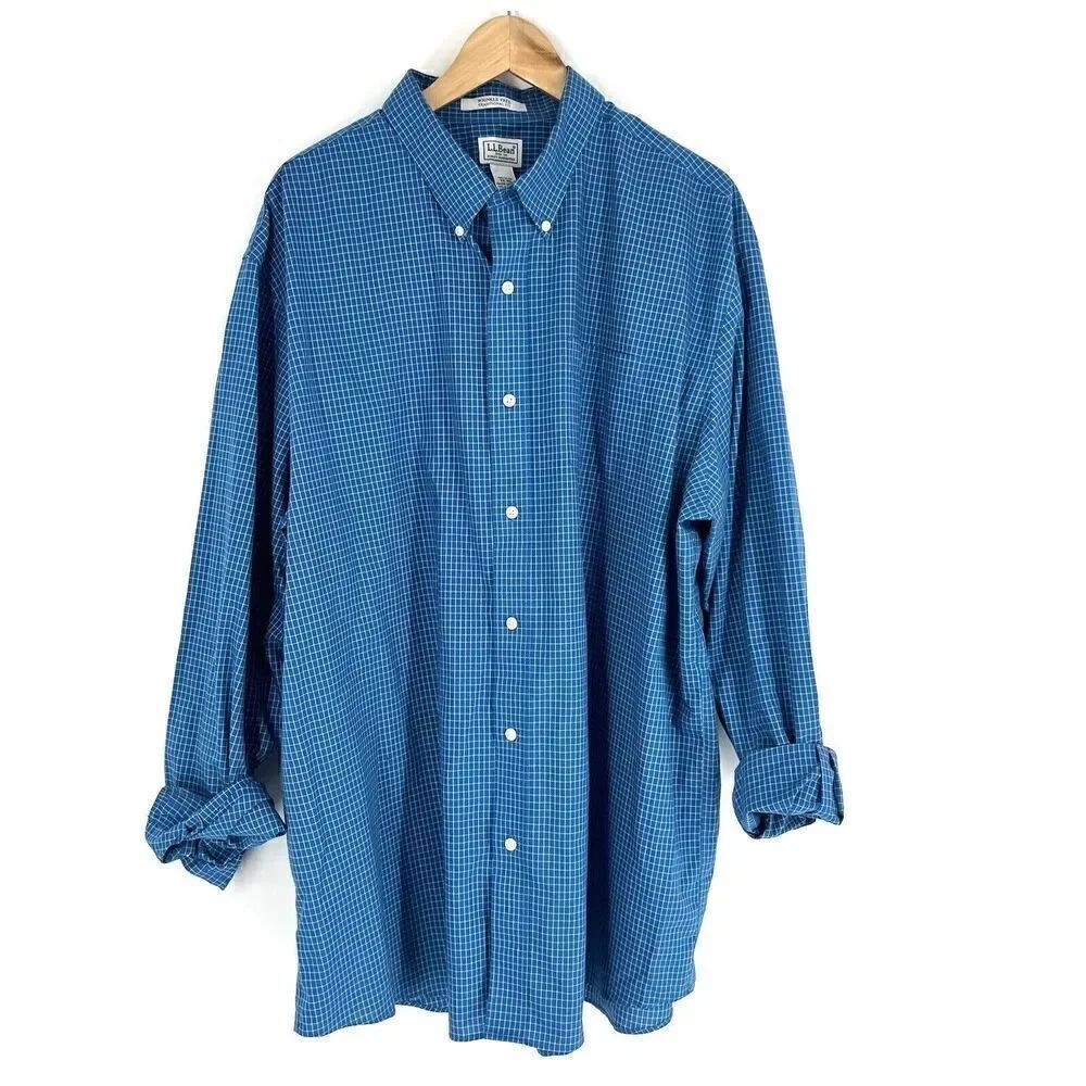 LL Bean Shirt Size XXL Men Teal Blue Wrinkle Free Button Down Long Sleeve Cotton